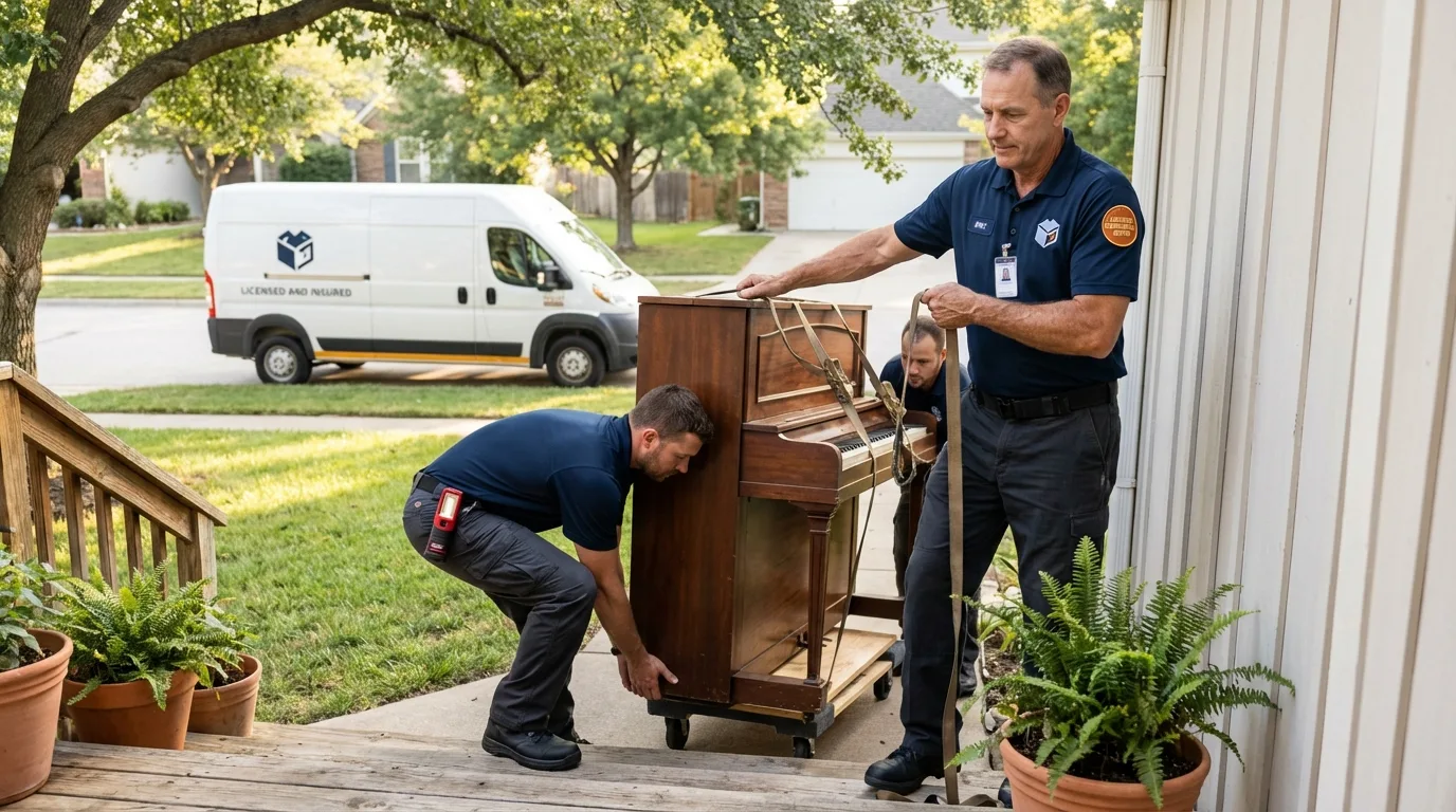 Licensed piano movers securing grand piano in Adamstown, MD