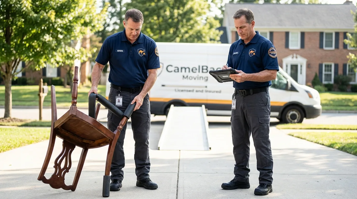 Movers inspecting furniture for damage prevention before loading in Adamstown, MD