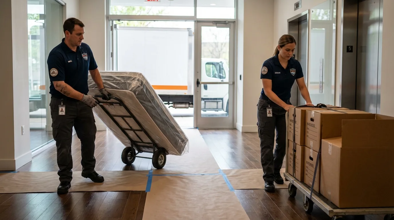 Professional apartment movers loading elevator in Adamstown, MD